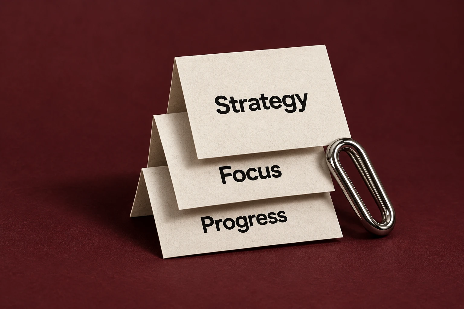 Paper cards reading Strategy, Focus and Progress