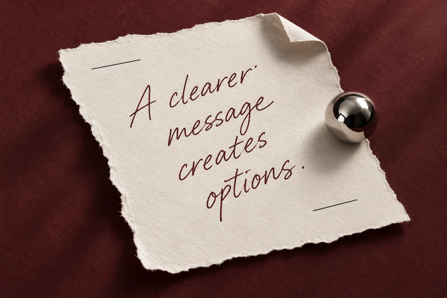 A torn paper note reading A clearer message creates options