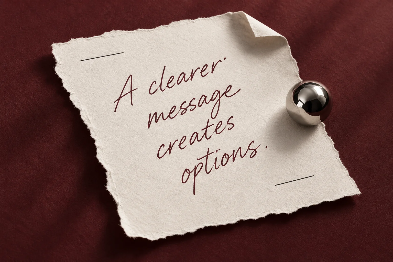 A torn paper note reading A clearer message creates options