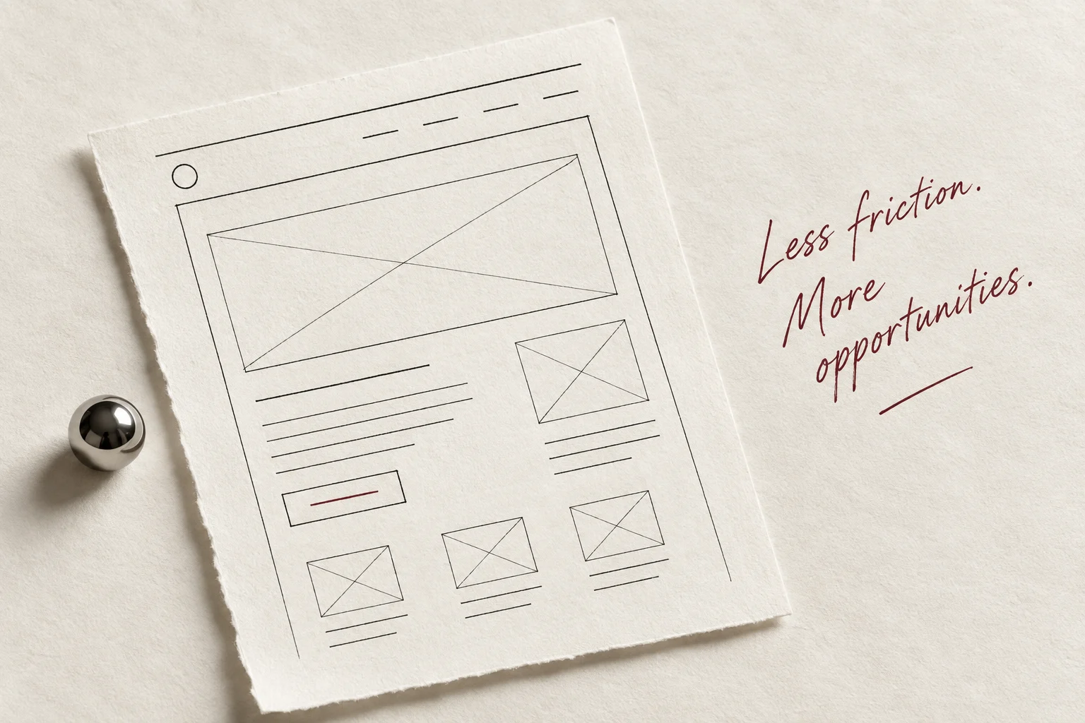 A hand-drawn website wireframe beside the words Less friction, more opportunities