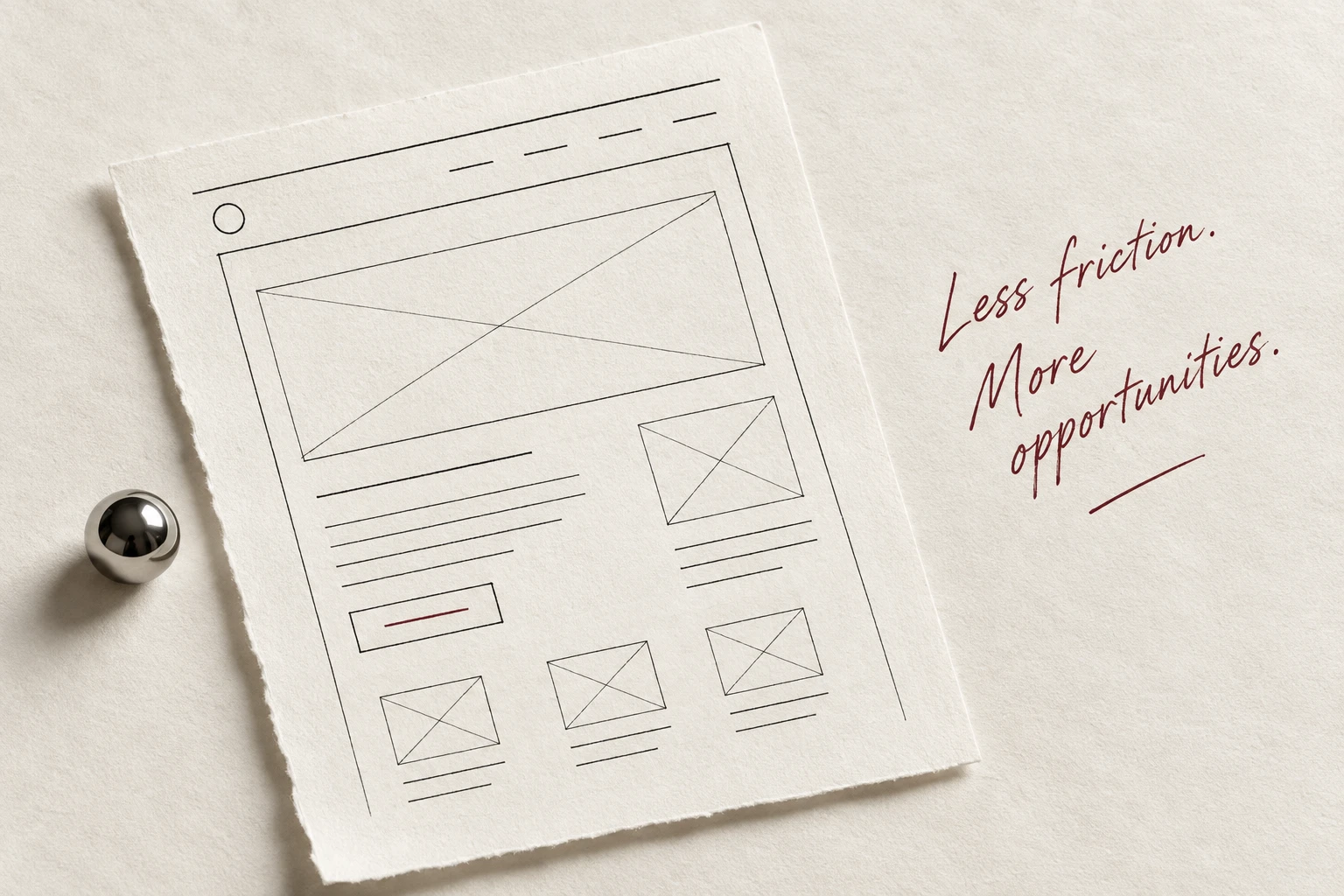 A hand-drawn website wireframe beside the words Less friction, more opportunities