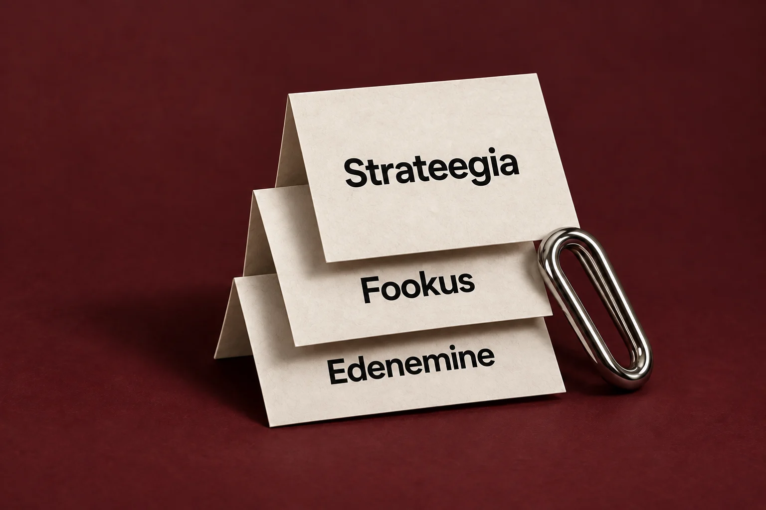 Paper cards reading Strategy, Focus and Progress